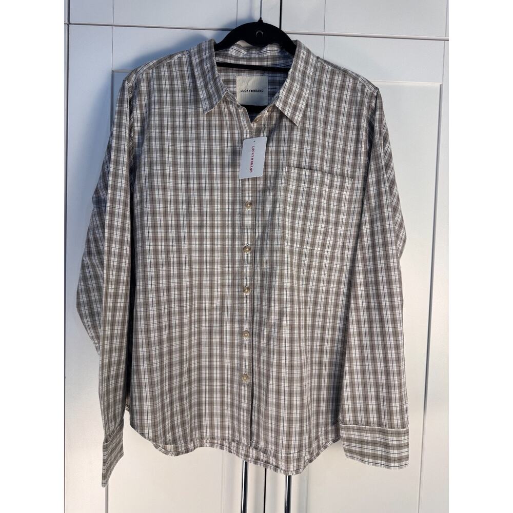 NWT Lucky Brand Women Plaid Button Down Shirt Neutral Beige Long Sleeve Medium